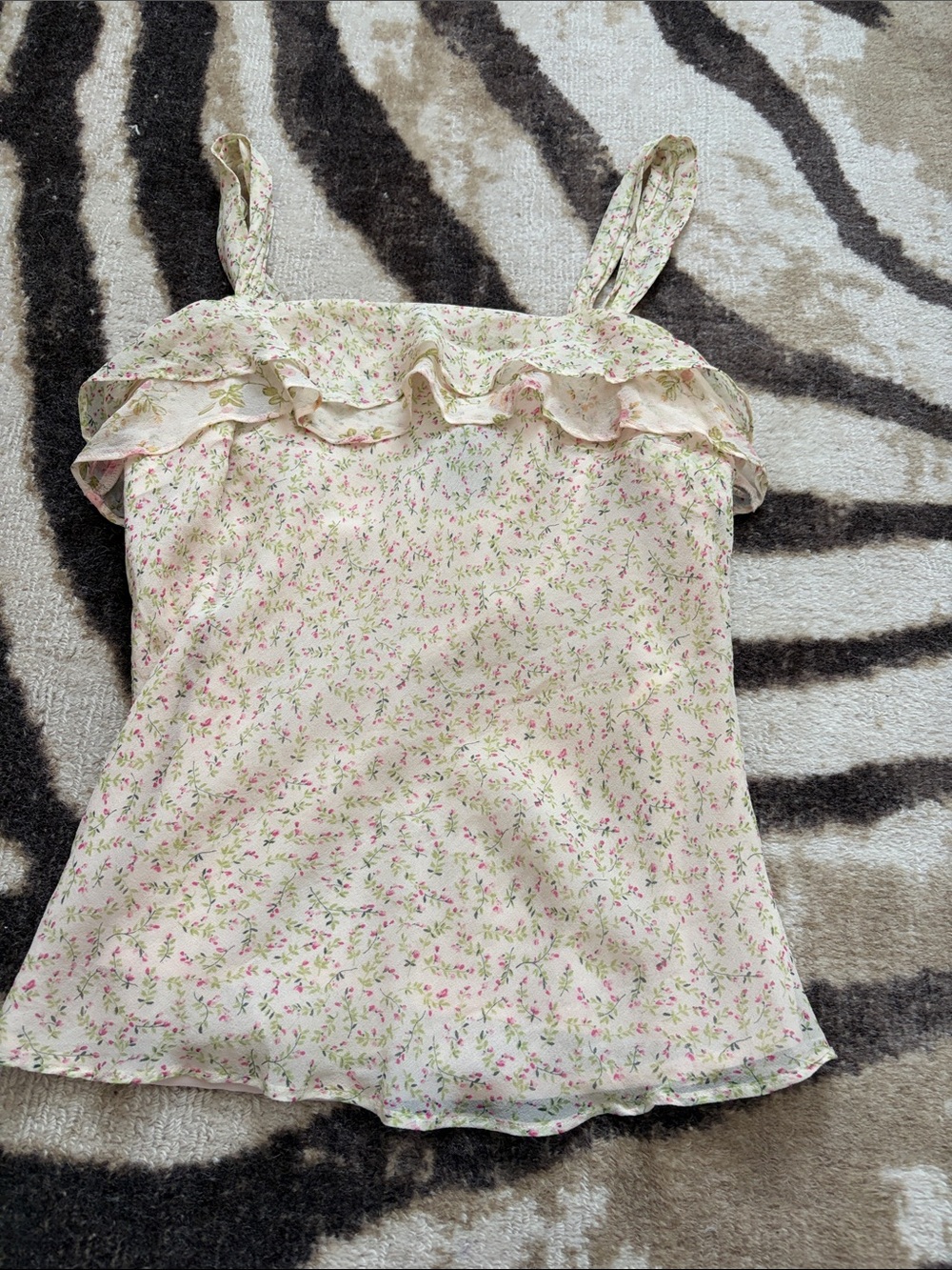 Express Cream Floral Ruffle Cami with Pink & Green Print